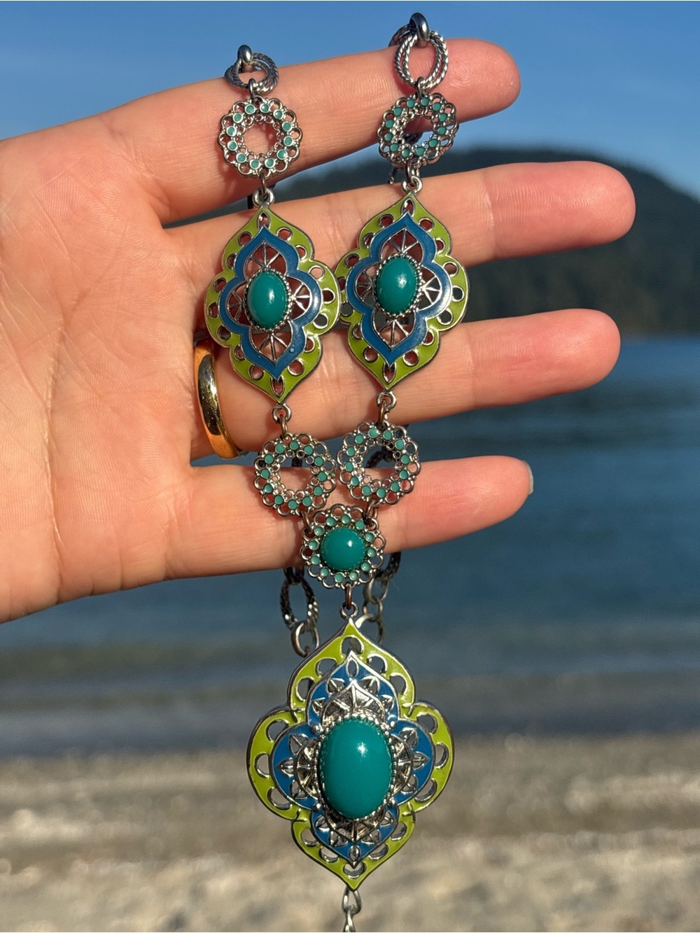 Boho Turquoise Green Enamel Statement Necklace • Adjustable Festival Jewelry